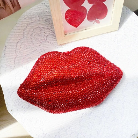 Luxury Red Sexy Full Diamond Lips Shape Women's Crystal Evening Clutch, Purse, Handbag